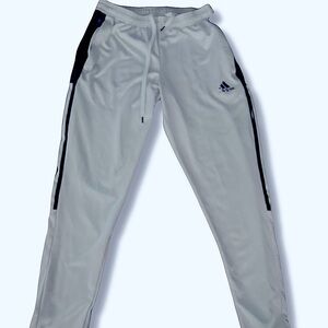adidas White Track Pants With Black Stripes And Black Adidas Logo